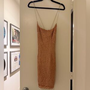 NWOT Angel Biba Orange and Beige Patterned Tan Mini Dress w/ adjustable straps